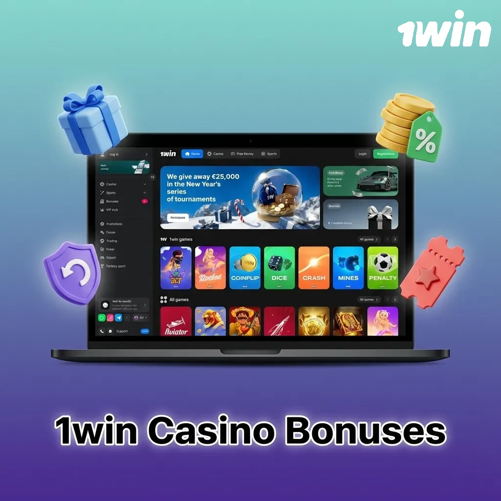 Colorful 1win Casino bonuses banner showing deposit match, free spins, cashback, and live casino offers for Indian players