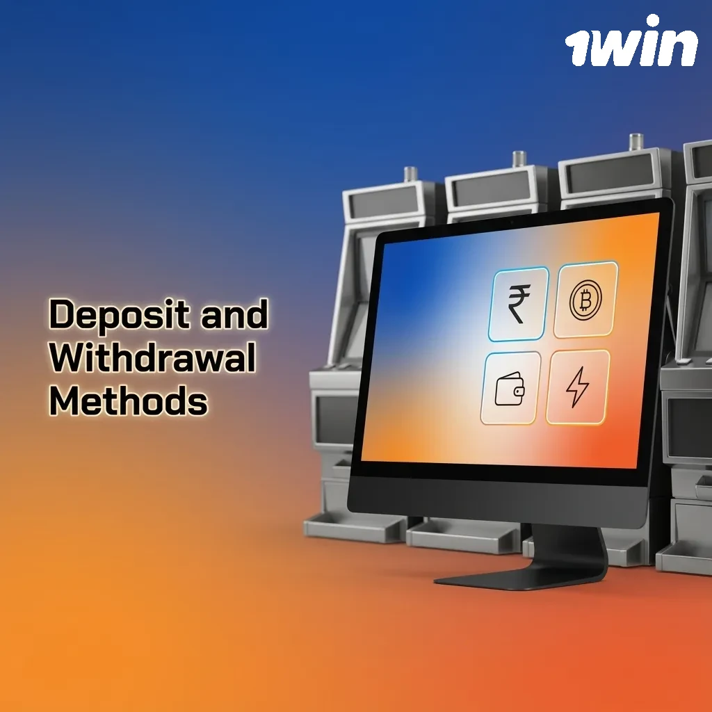 Icons of UPI, Paytm, GPay, cards, bank, crypto and e-wallets for deposits and withdrawals at 1win India
