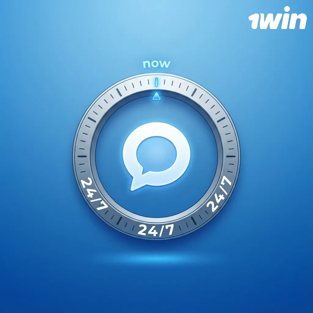 Illustration of a user chatting with 1win support on a laptop, live help icons and 24/7 assistance text
