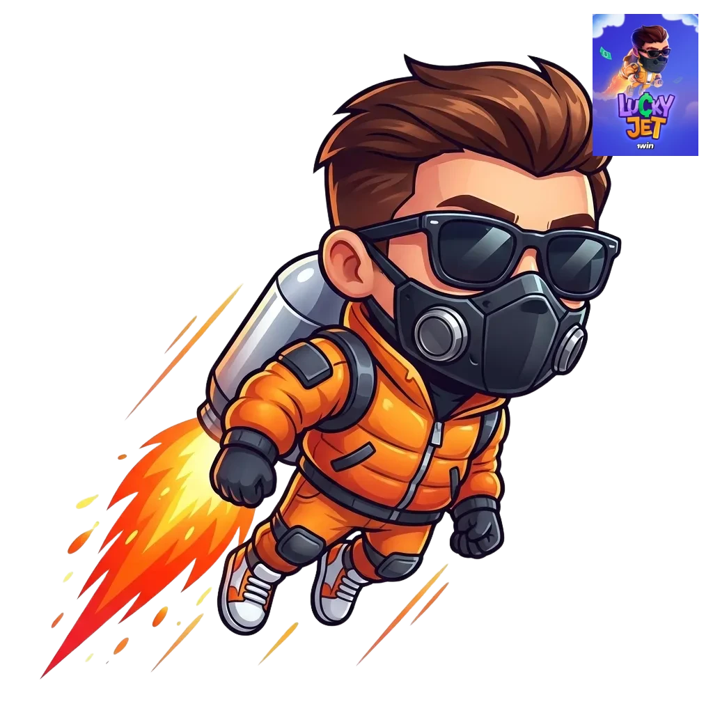 Colorful 1win Lucky Jet game screen showing a jetpack pilot flying as the win multiplier rapidly increases