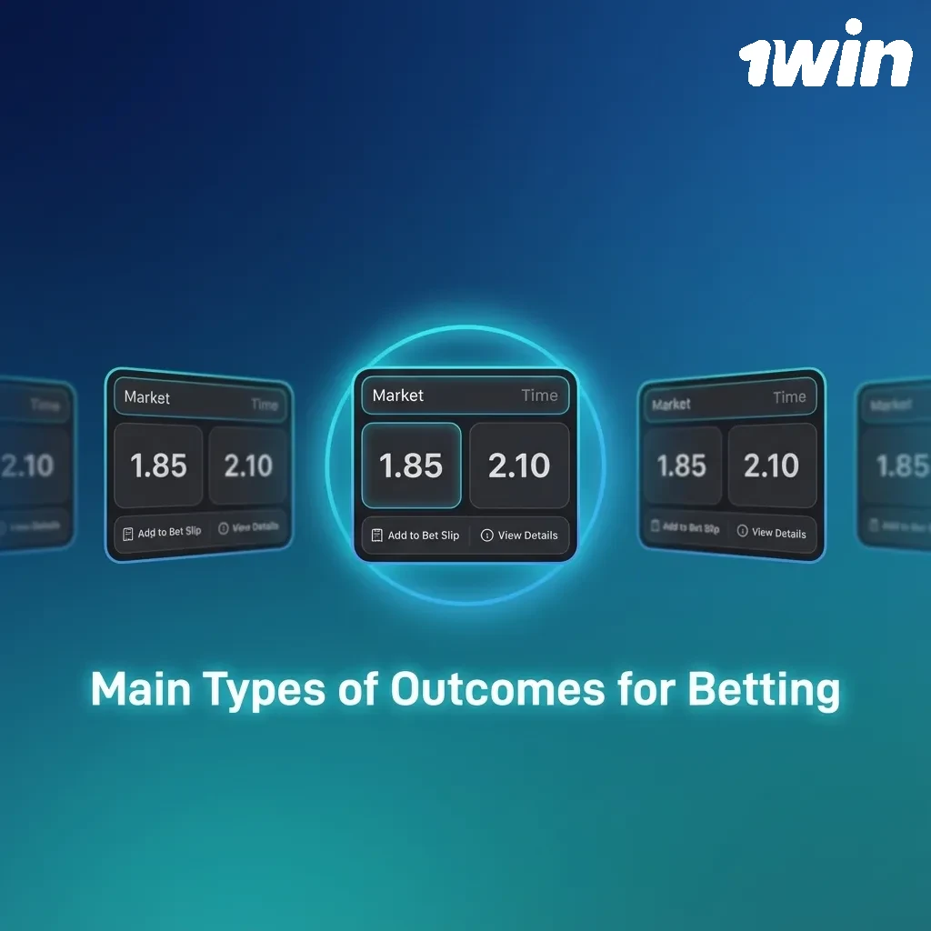 Infographic explaining main betting outcome types: 1X2, totals, handicap, both teams to score, and player performance