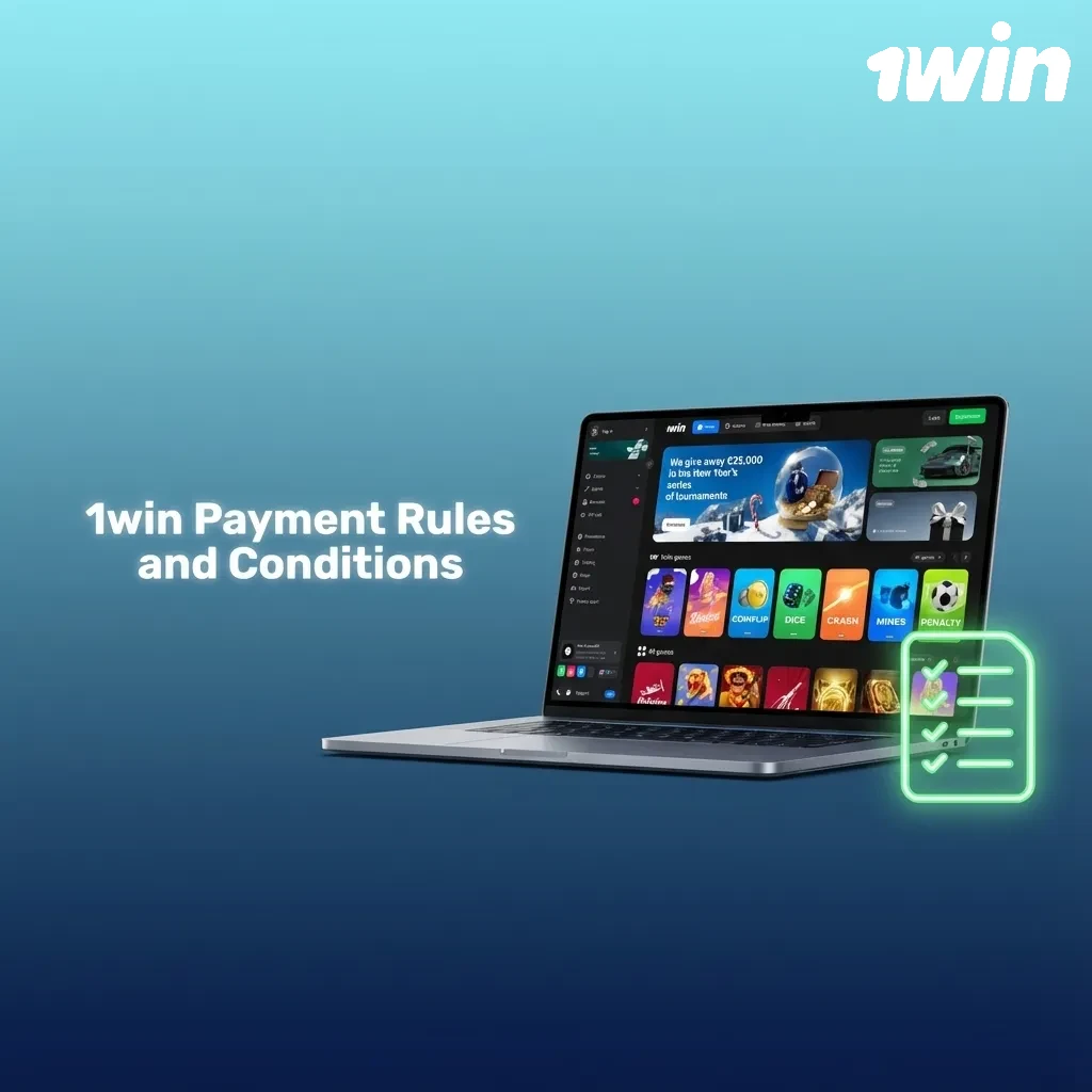 Infographic titled “1win Payment Rules and Conditions” listing key rules for safe deposits and withdrawals