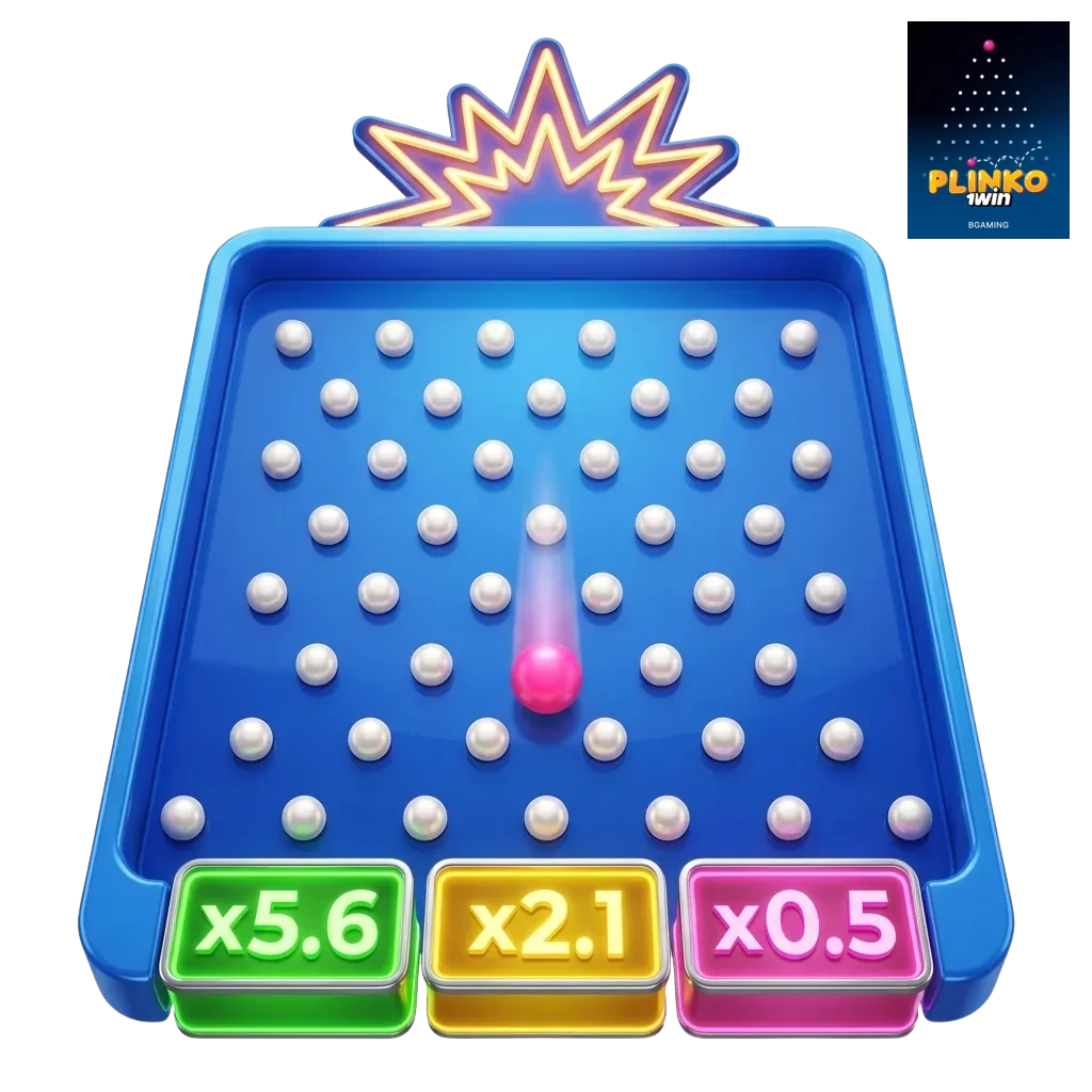 1win Plinko game screen with falling ball, multiplier slots, ₹75,000 bonus banner, shown on desktop and mobile interface
