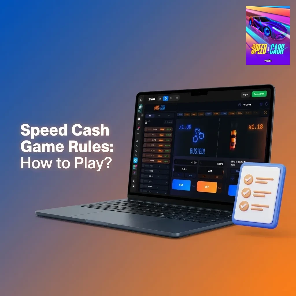 Illustration of Speed Cash game screen showing rising multiplier, cash out button, and brief rules on how to play