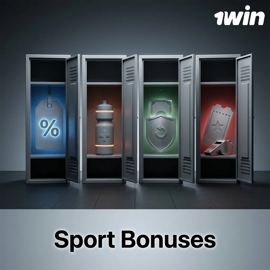 Colorful banner titled “Sport Bonuses” highlighting welcome bet bonus, accumulator boost, and free bets on major events.