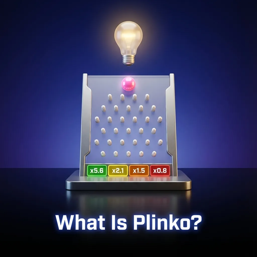 Illustration of 1win Plinko: ball dropping through triangular pegs into multiplier slots with bright casino graphics.