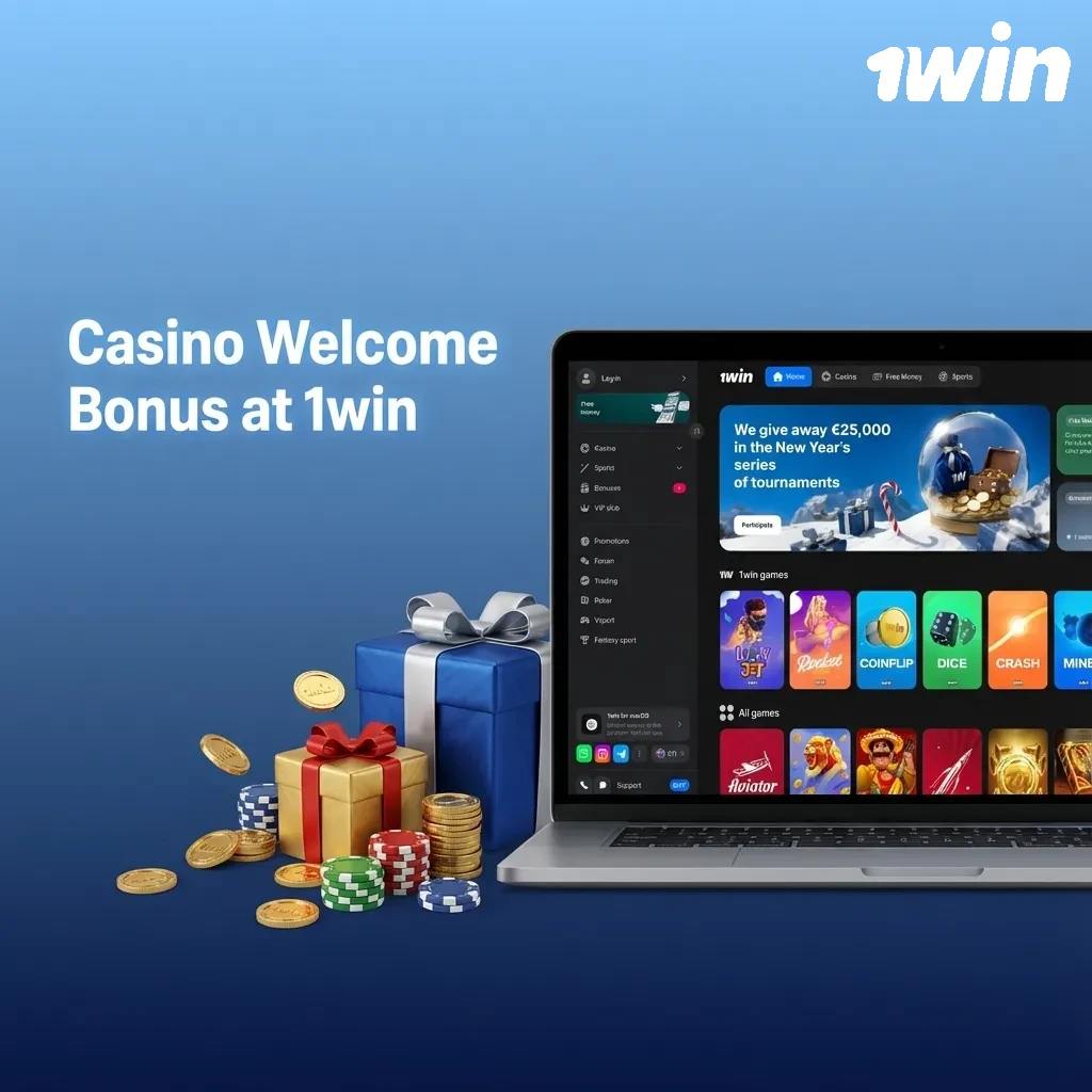 Banner showing “1win Casino 500% Welcome Bonus up to ₹75,000 for new India players” with casino game icons