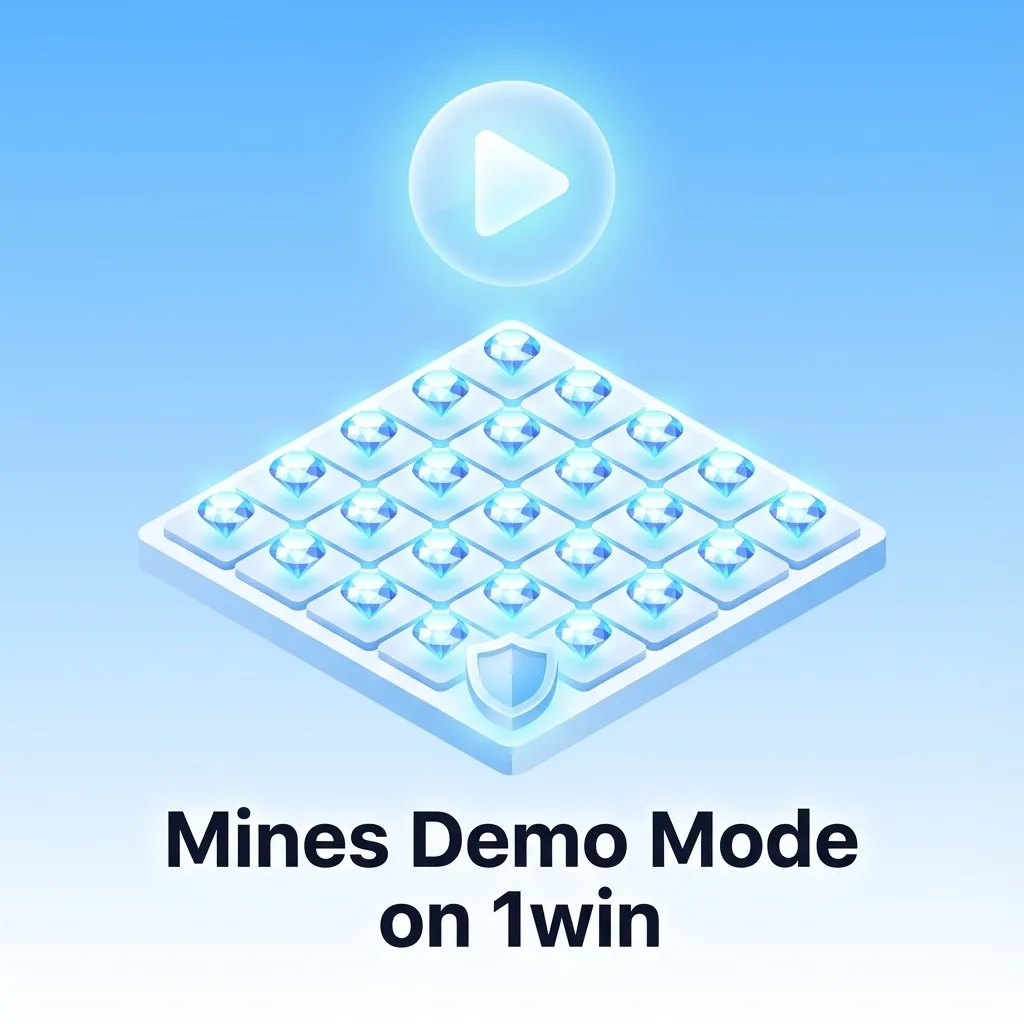 1win Mines demo mode screen showing grid, mines icons, virtual credits, and multipliers for practice play