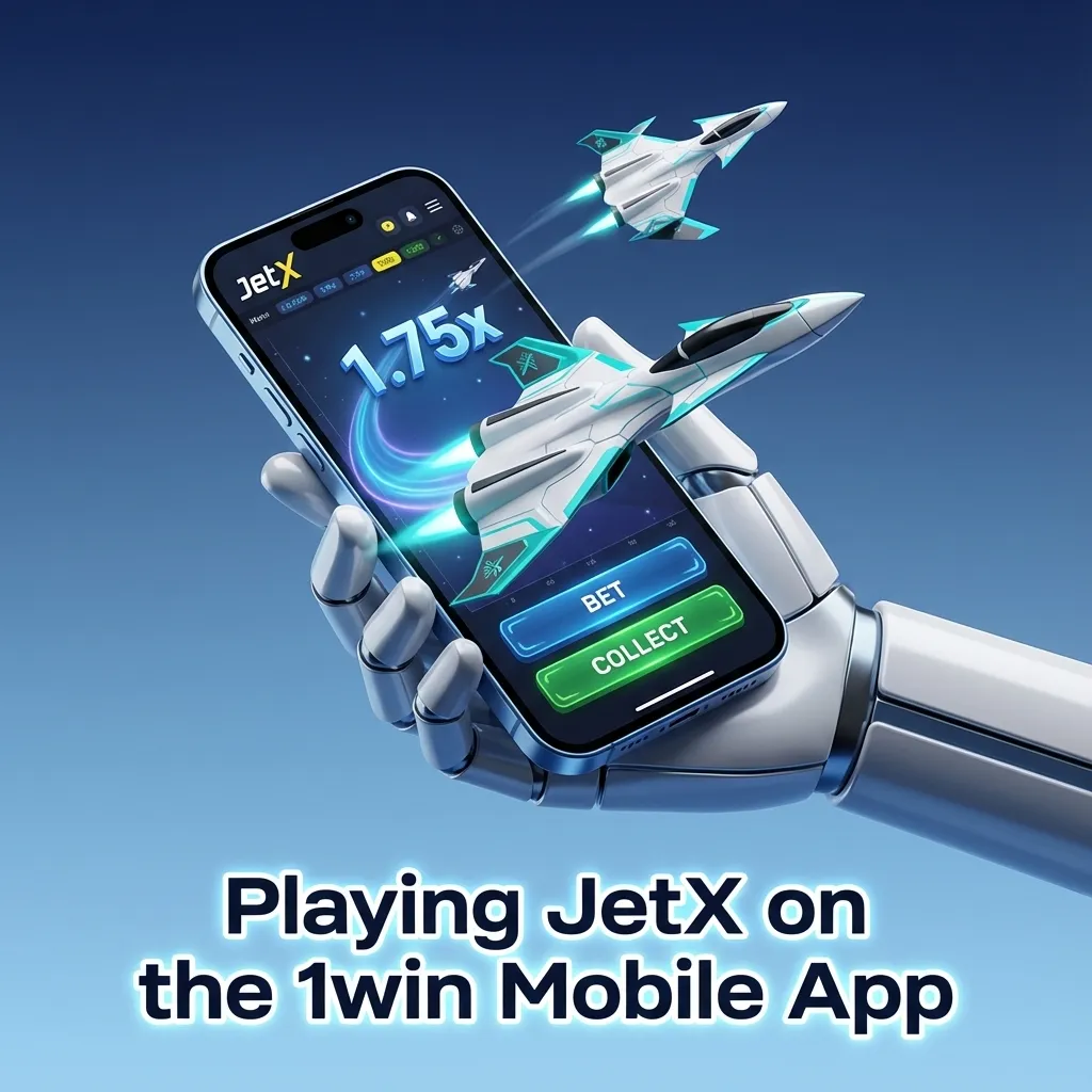 Hand holding phone with JetX crash game open in 1win mobile app, showing betting screen and rocket animation