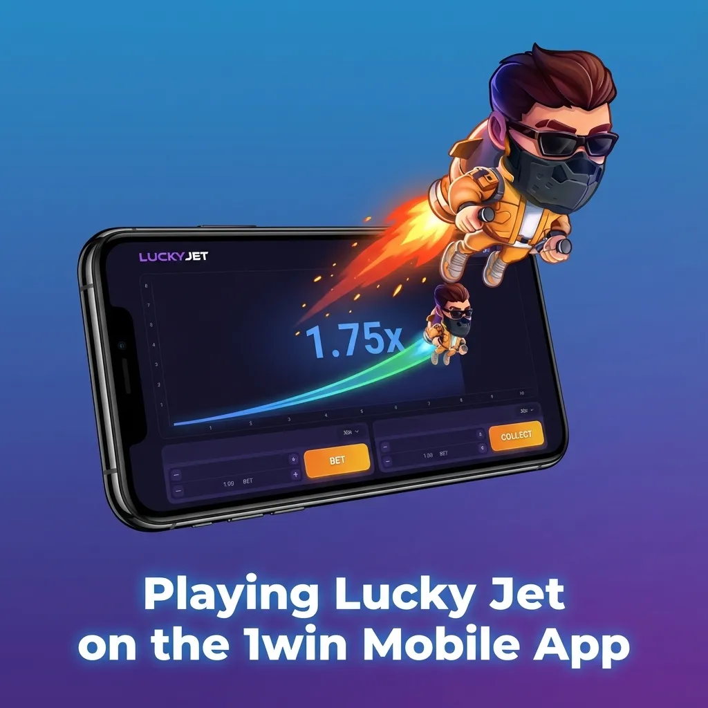 Person playing Lucky Jet on the 1win mobile app, showing crash game screen with bets, multipliers, and controls on a phone