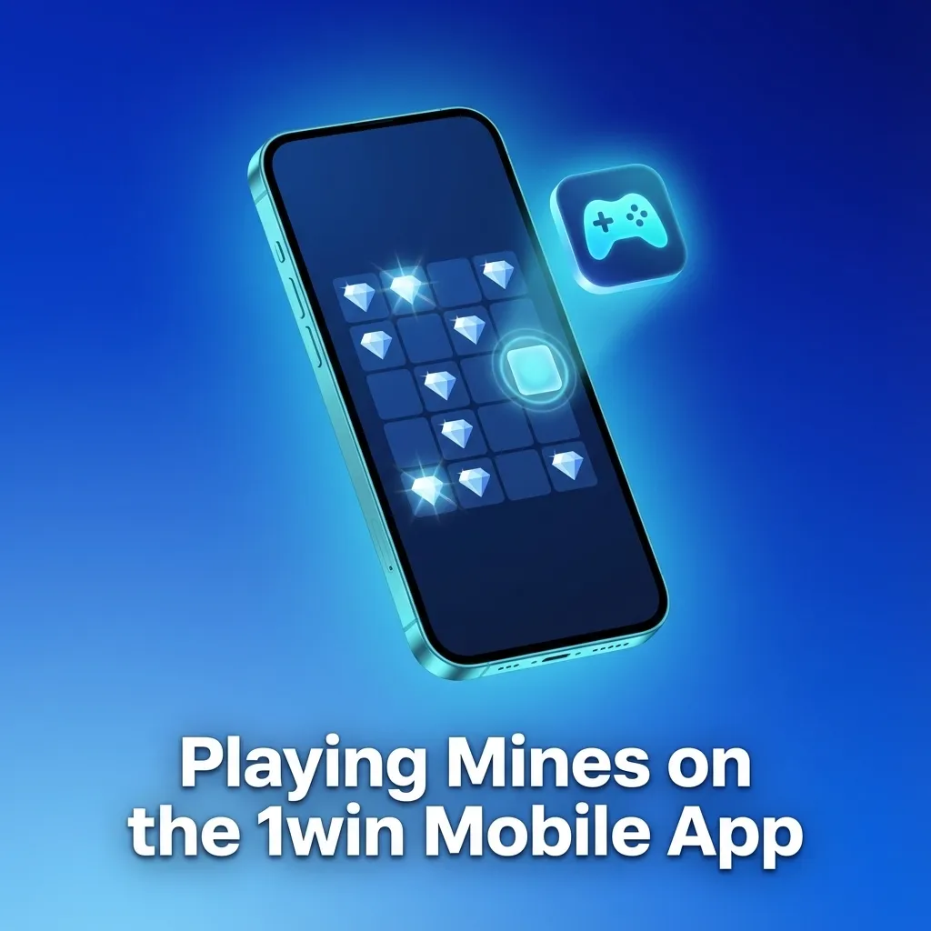 Person playing 1win Mines on a smartphone app, showing a tiled minefield grid and betting controls on screen
