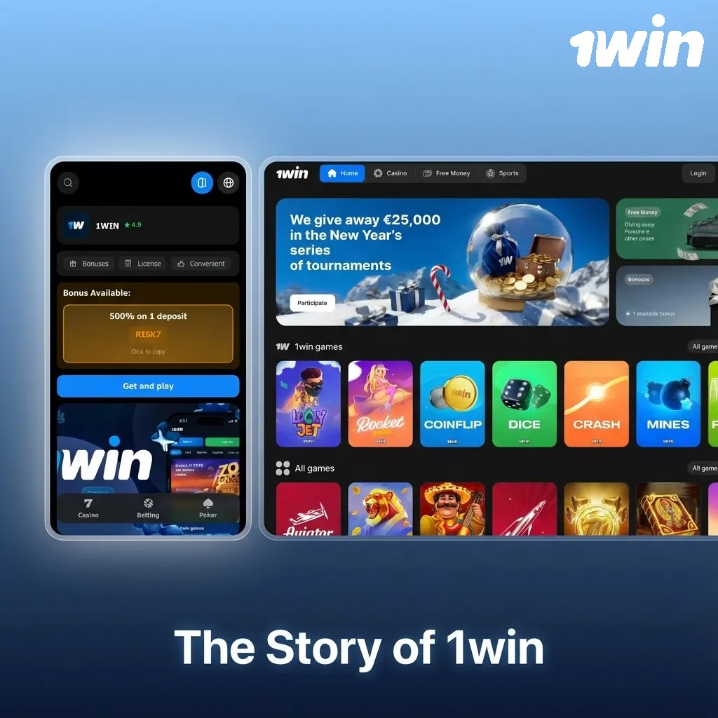 Illustrated timeline of 1win’s growth from 2016 startup to global licensed betting brand with strong presence in India