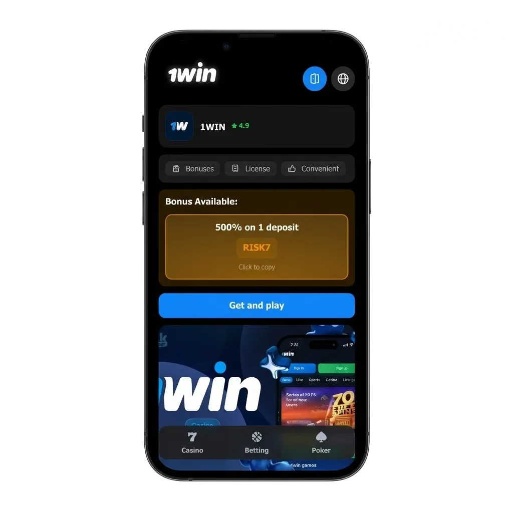 1win mobile app download page showing Android APK and iOS options with betting and casino features for Indian users