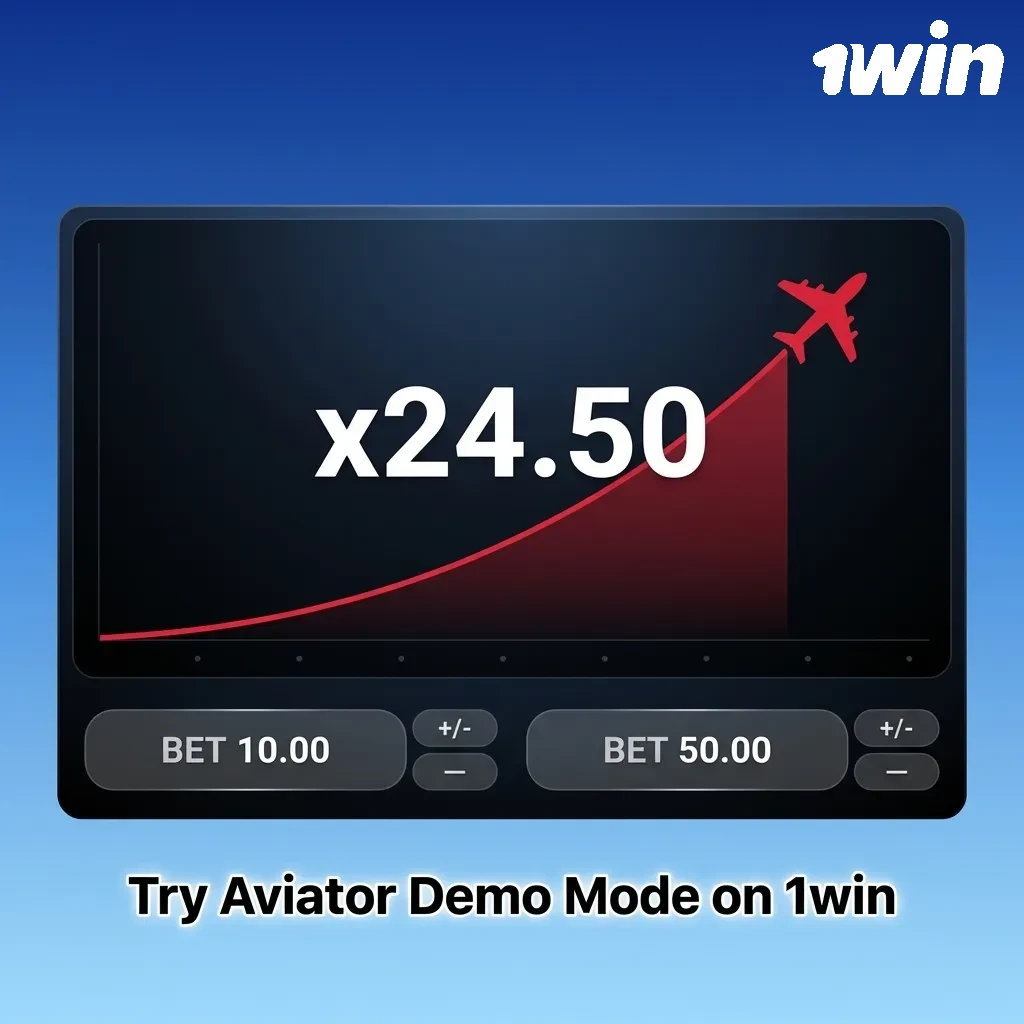 Aviator game demo mode interface showing virtual money gameplay with multiplier chart and cash out button on 1win platform