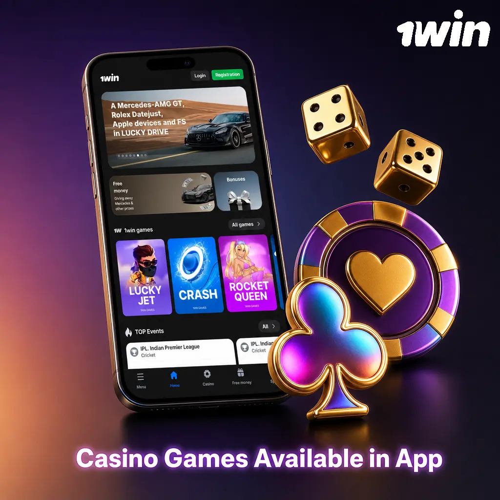 1win casino app showing 11,000+ games including Aviator, Teen Patti, Andar Bahar, and live dealer tables for Indian players