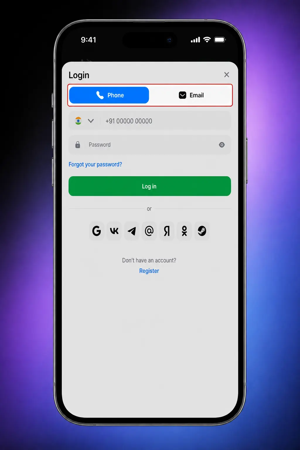 1win mobile app login process showing 4 steps for returning players to access their account