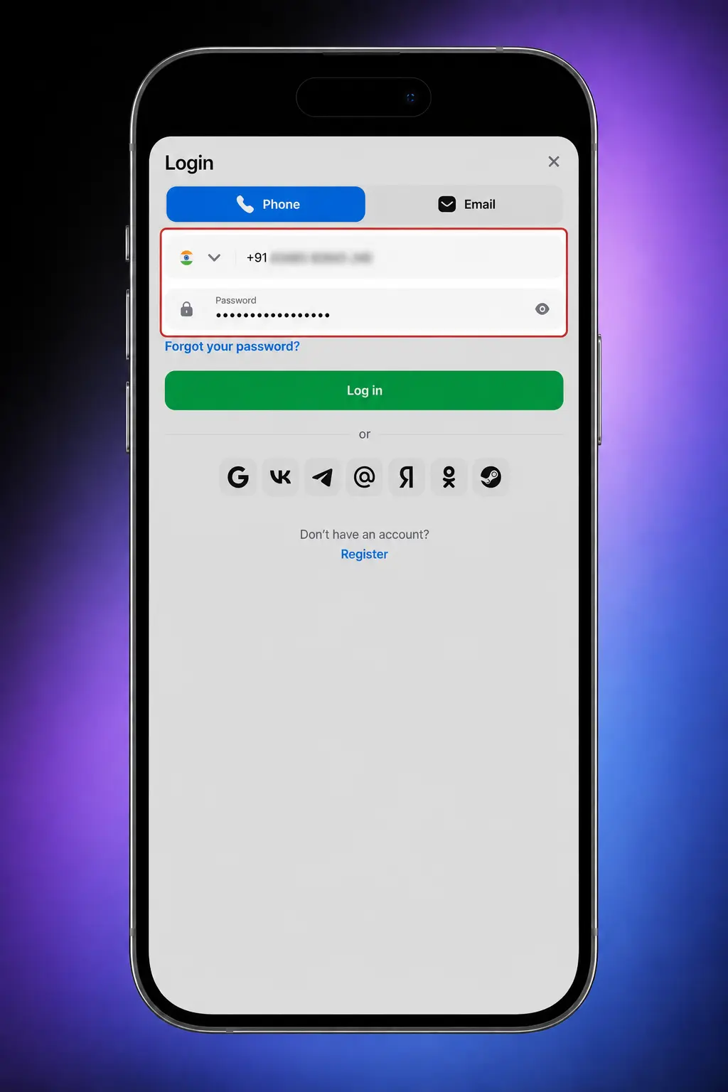 1win mobile app login steps for returning players showing 4-step account access process