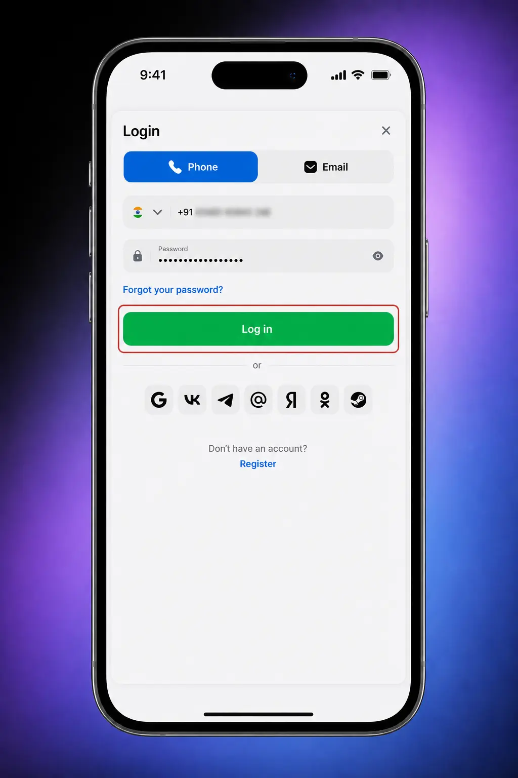 1win mobile app login process showing four steps for returning players to access their account