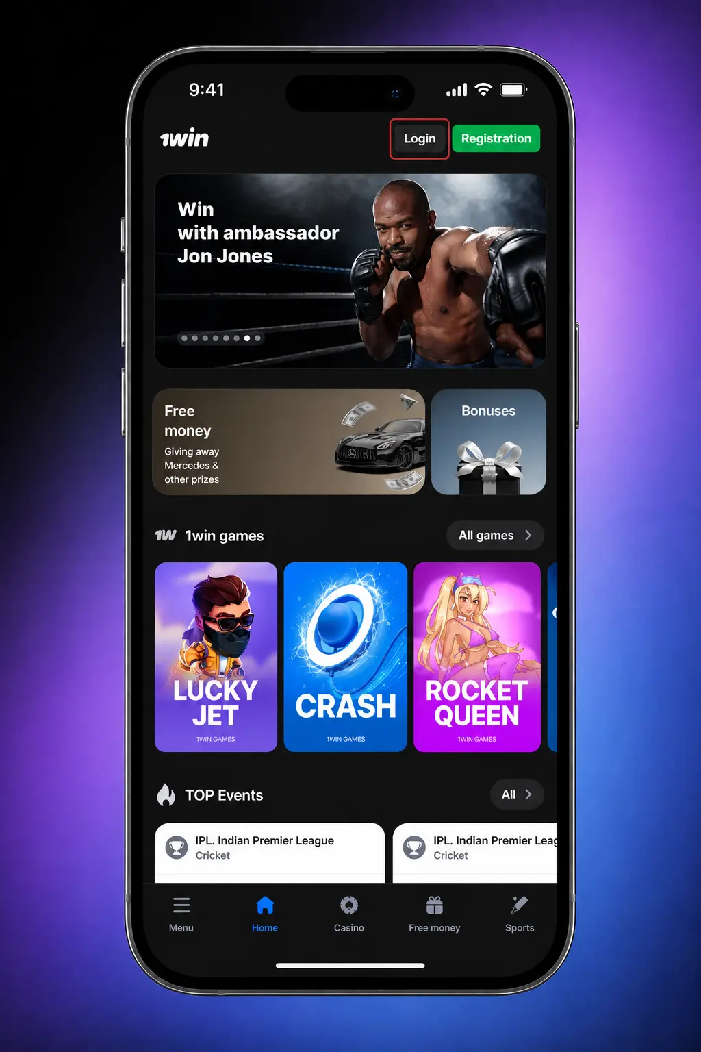 1win mobile app login process showing four steps for returning players to access their account