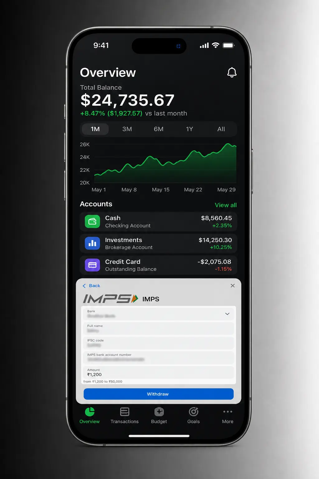 1win mobile withdrawal steps showing UPI, bank transfer, and crypto options with 500 to 200000 INR daily limits