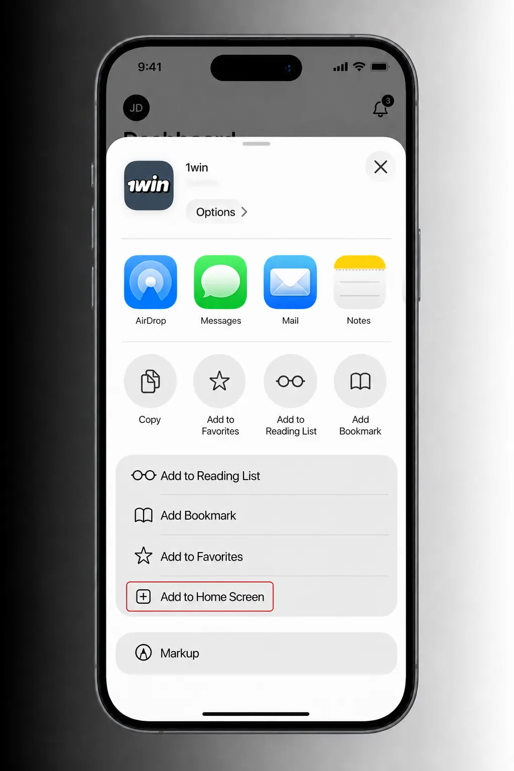 1win iOS shortcut setup: three steps to save mobile site to iPhone home screen via Safari for full-screen access