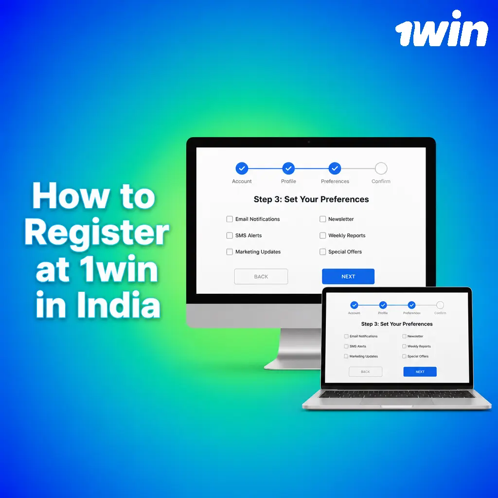 1win India registration form showing sign-up options including email, phone, social account, and one-click method for INR account